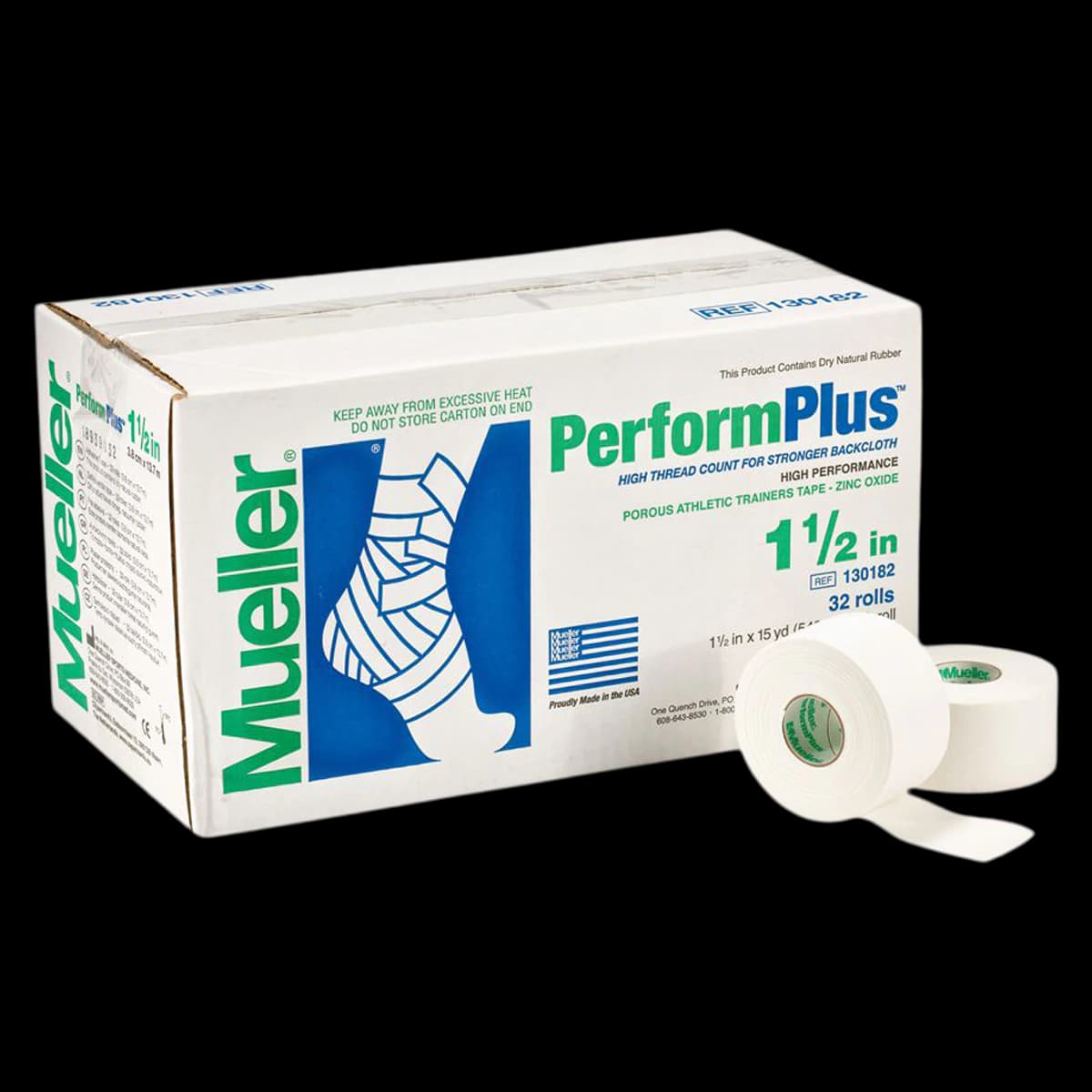 Mueller Sports Medicine Tape Perform PLUS, Cotton/Zinc Oxide, 1.5" x 15 yd, White, 32 Rolls/Case - Tape Perform PLUS - Image 1