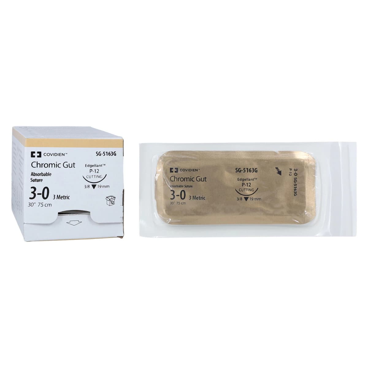 Surgigut Chromic Gut Suture, 3-0, 30", P-12 Premium Reverse Cutting 3/8 Circle Needle 19mm, Coated, Undyed, 12/Package thumbnail 2