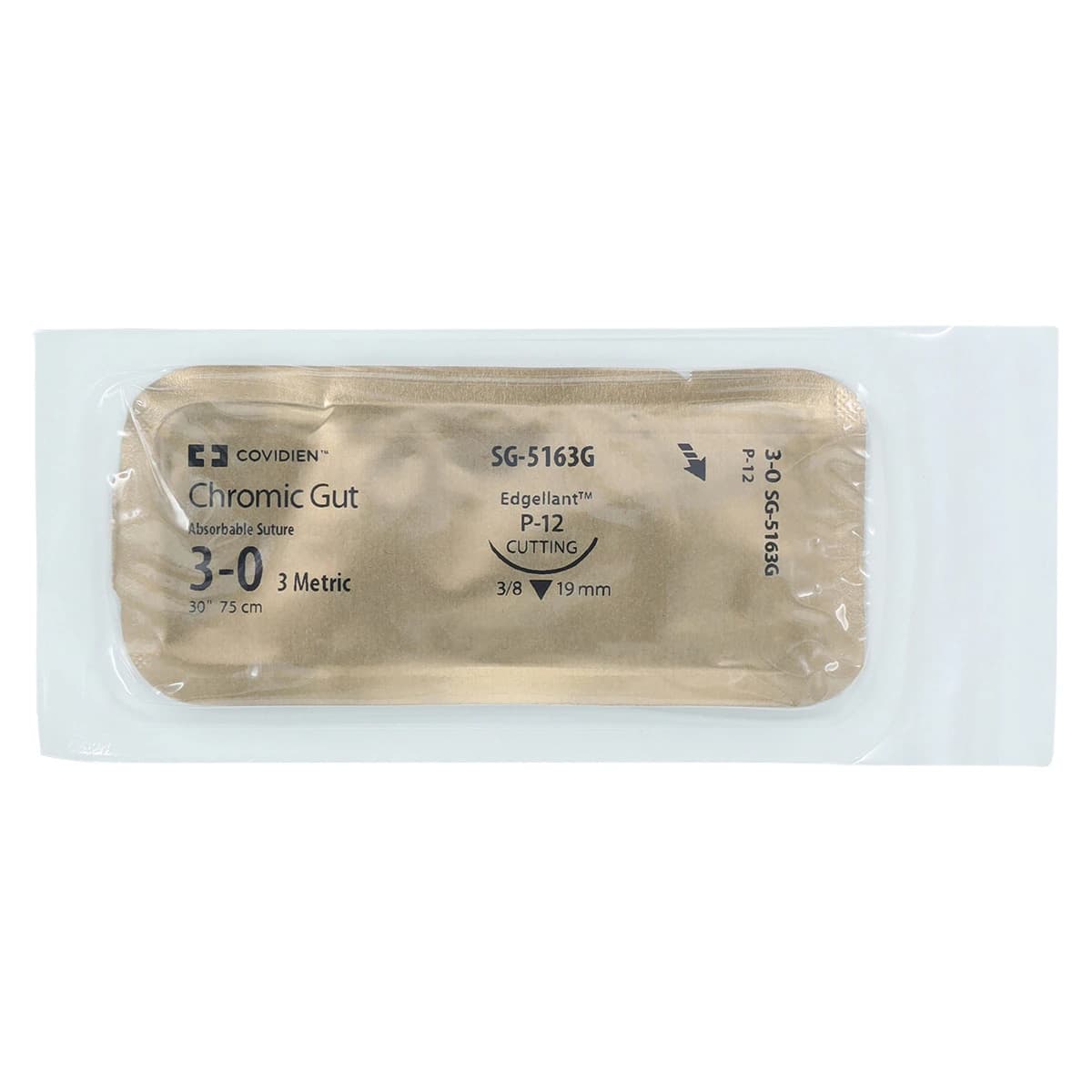 Surgigut Chromic Gut Suture, 3-0, 30", P-12 Premium Reverse Cutting 3/8 Circle Needle 19mm, Coated, Undyed, 12/Package thumbnail 3