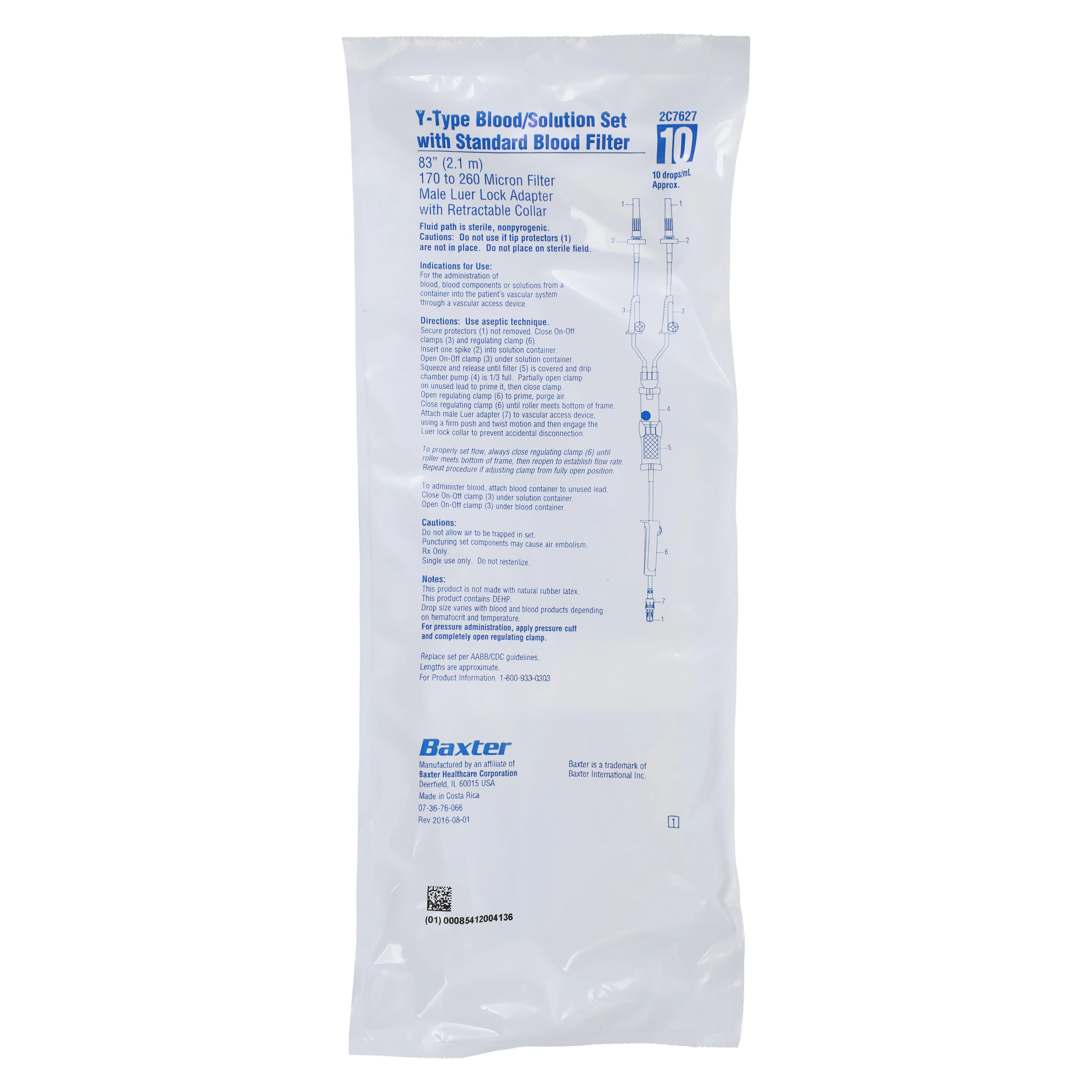 Baxter IV Solution Set, Y-Type with 170-260 µm Filter, 10 Drops/mL, 84" Tubing, Male Luer Lock Adapter, 3 Clamps, Sterile, 48/Case - IV Set Y-type W/filter - Image 1