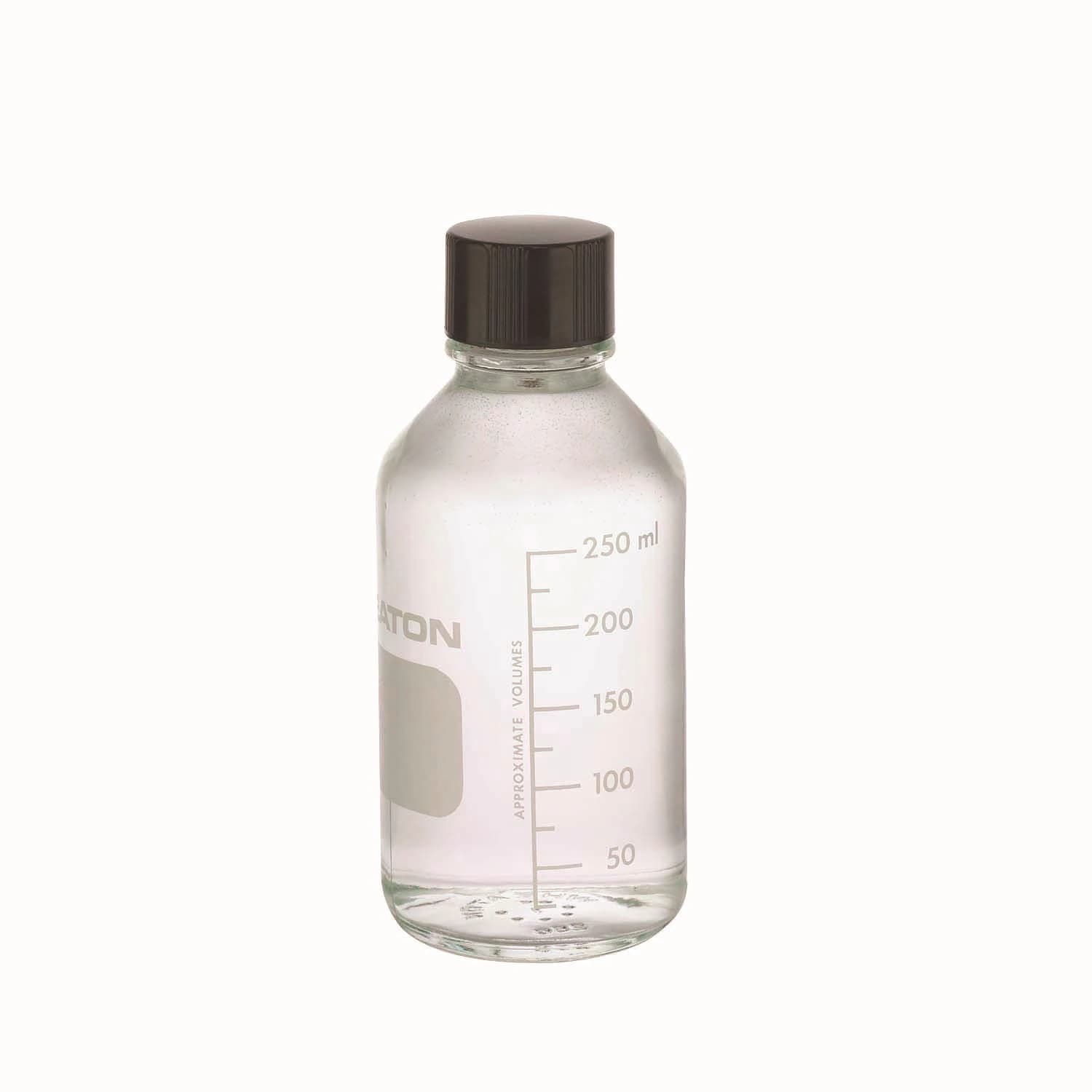 Wheaton Media Bottle, Borosilicate Glass, Rubber-Lined Phenolic Cap, Clear, 250mL, Graduations/Marking Patch, 48/Pk - Bottle Media Grad Rub Lnr - Image 1