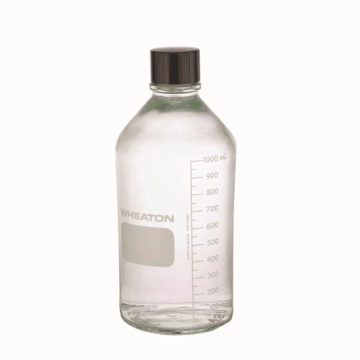 Wheaton Media Bottle, Borosilicate Glass, Rubber-Lined Phenolic Cap, Clear, 1000mL, Graduations/Marking Patch, 24/Package thumbnail 2