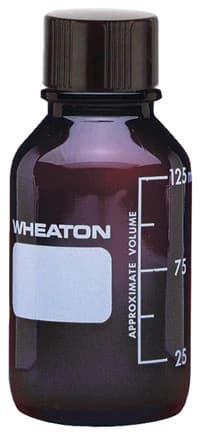 Wheaton Media Bottle, Borosilicate Glass, Amber, 125 mL, Rubber-Lined Phenolic Cap, Graduations/Marking Patch, 48/Package - Bottle Media Amb Grad Rub Ln - Image 1