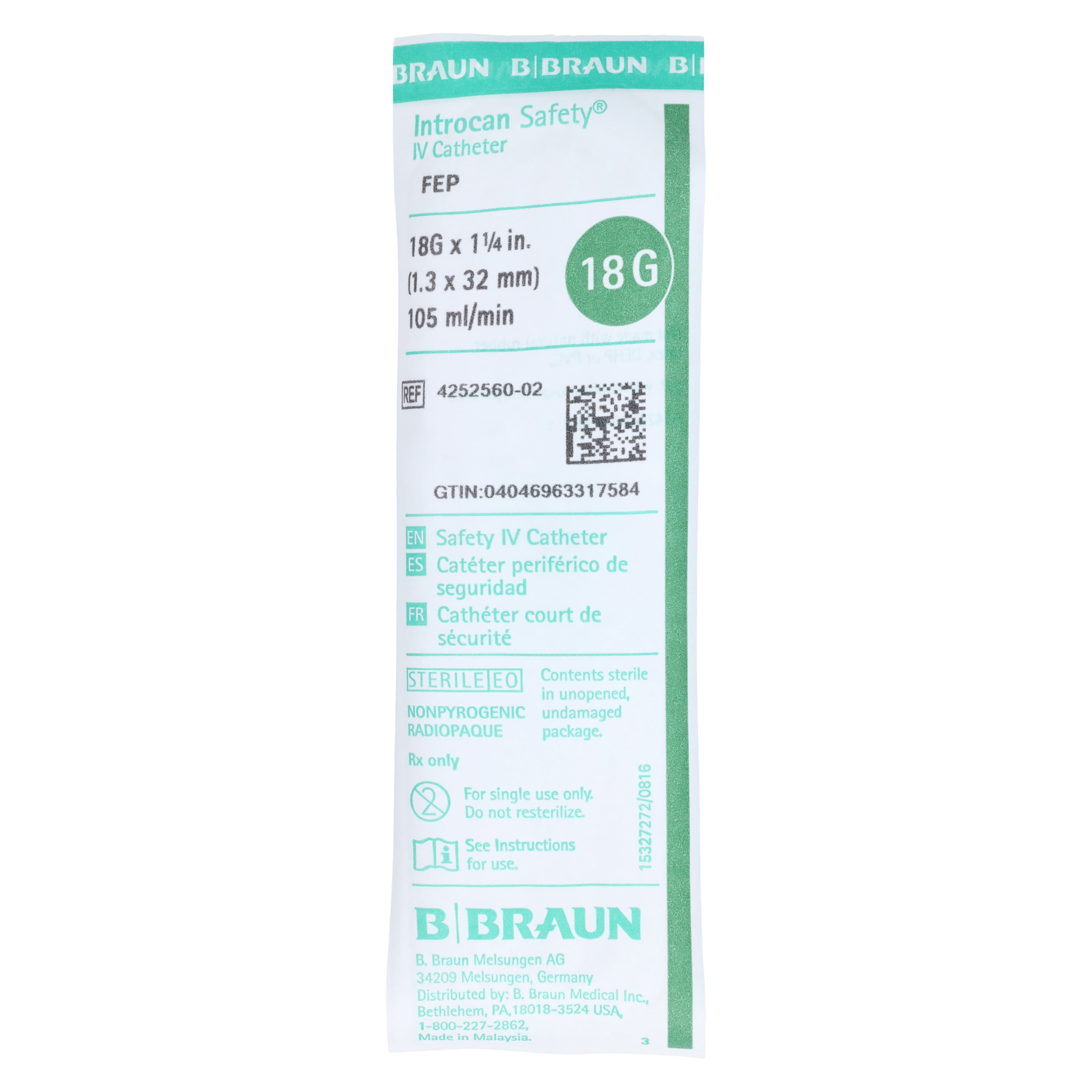Introcan Safety IV Catheter, 18 Gauge, 1-1/4", Teflon, Non-DEHP/Non-PVC, Sterile, Green, Straight, 50/Box thumbnail 4