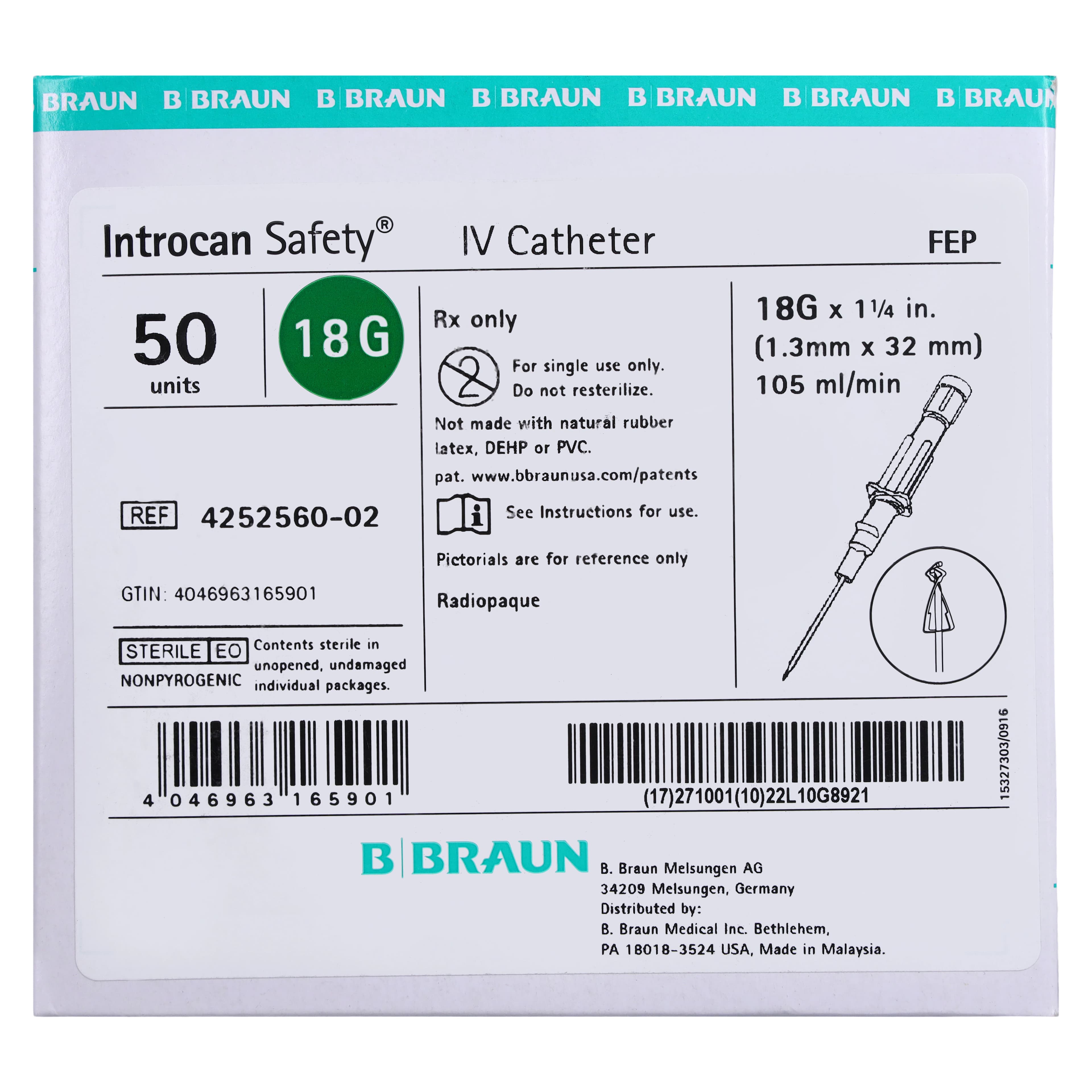 Introcan Safety IV Catheter, 18 Gauge, 1-1/4", Teflon, Non-DEHP/Non-PVC, Sterile, Green, Straight, 50/Box thumbnail 8