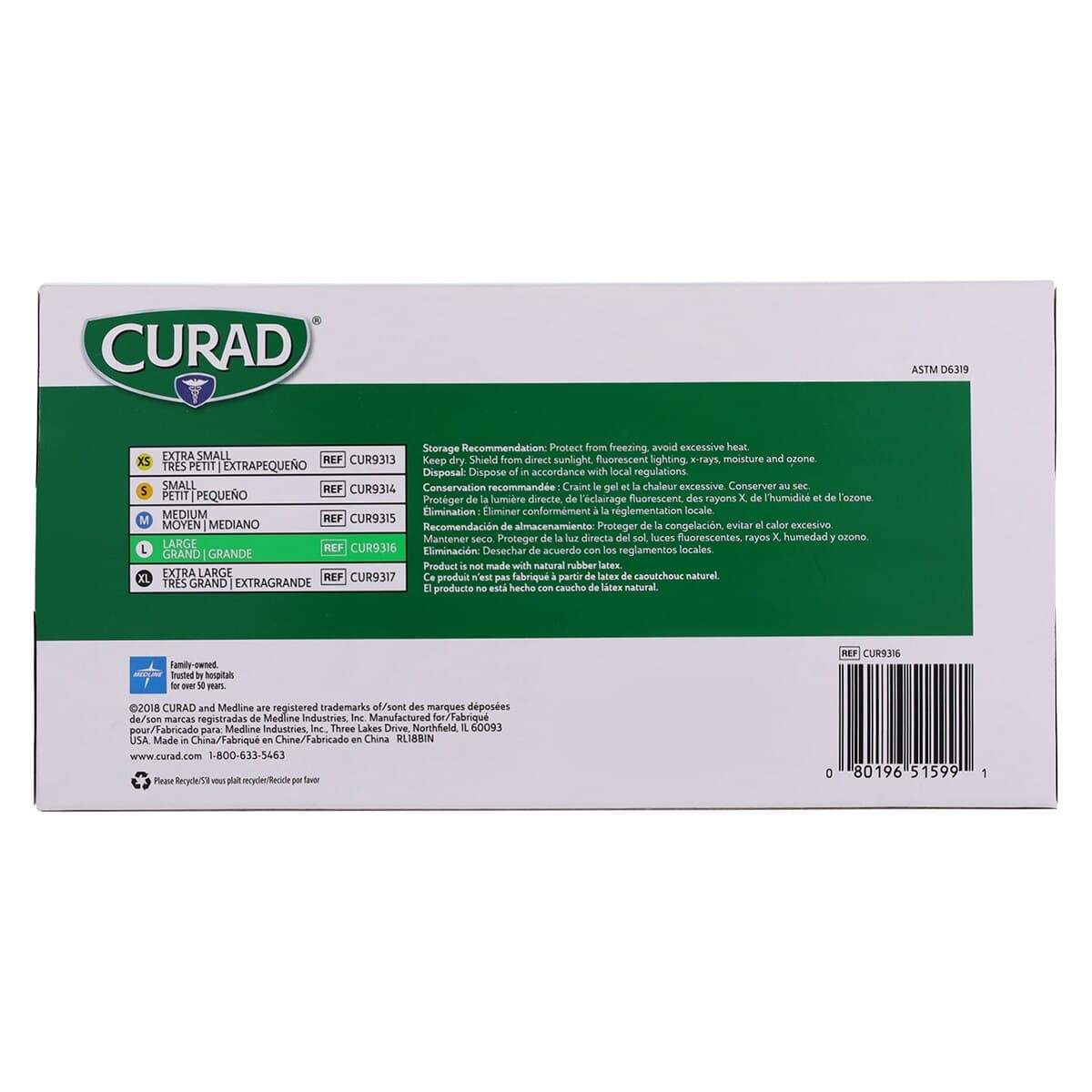 Curad Medline Nitrile Exam Gloves, Powder-Free, Non-Sterile, Large, Blue, Textured, 150/Box thumbnail 6