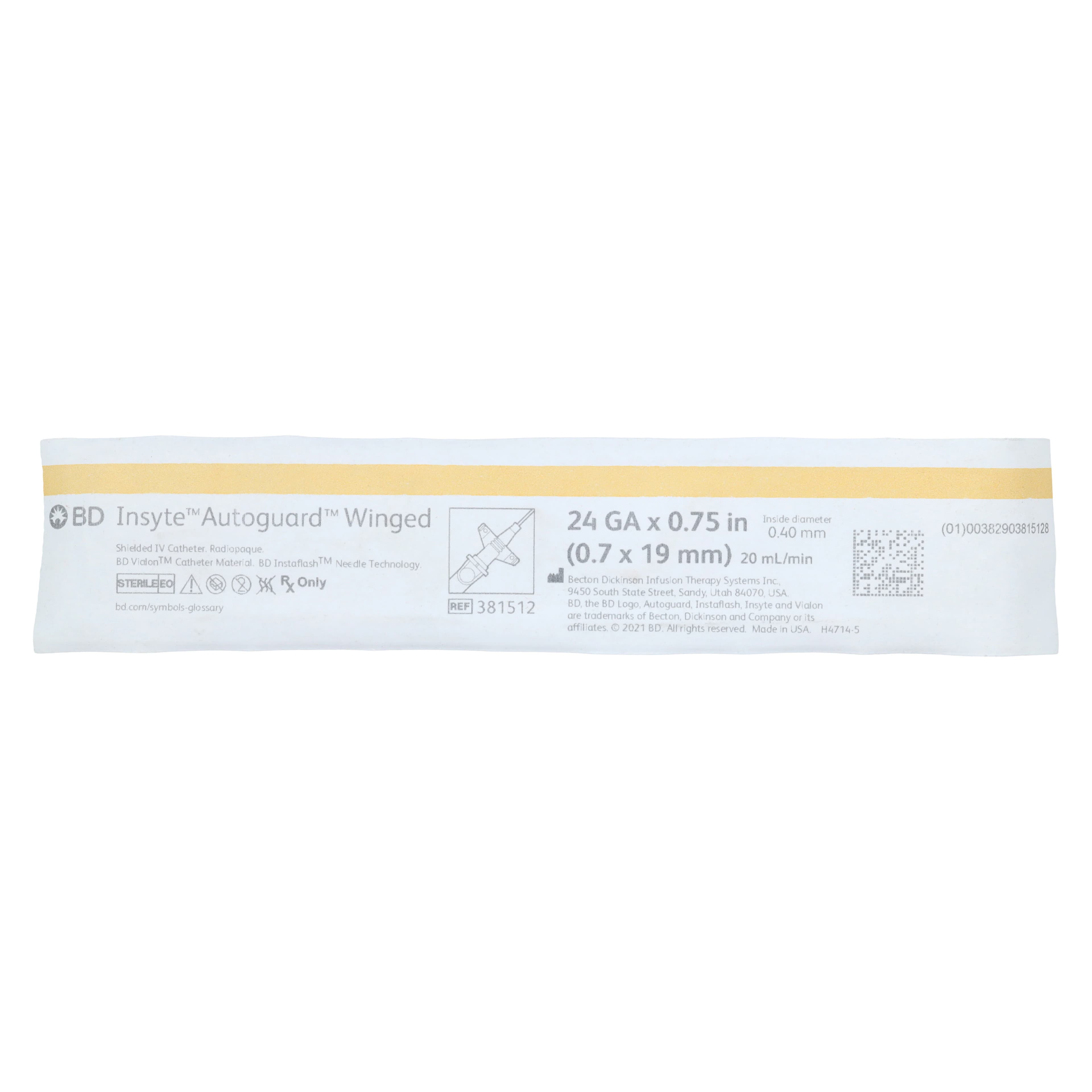 Becton-Dickinson Insyte Autoguard IV Catheter, 24 Gauge, 3/4" Notched Needle, Yellow, Shielded with Wings, Sterile, Each thumbnail 5