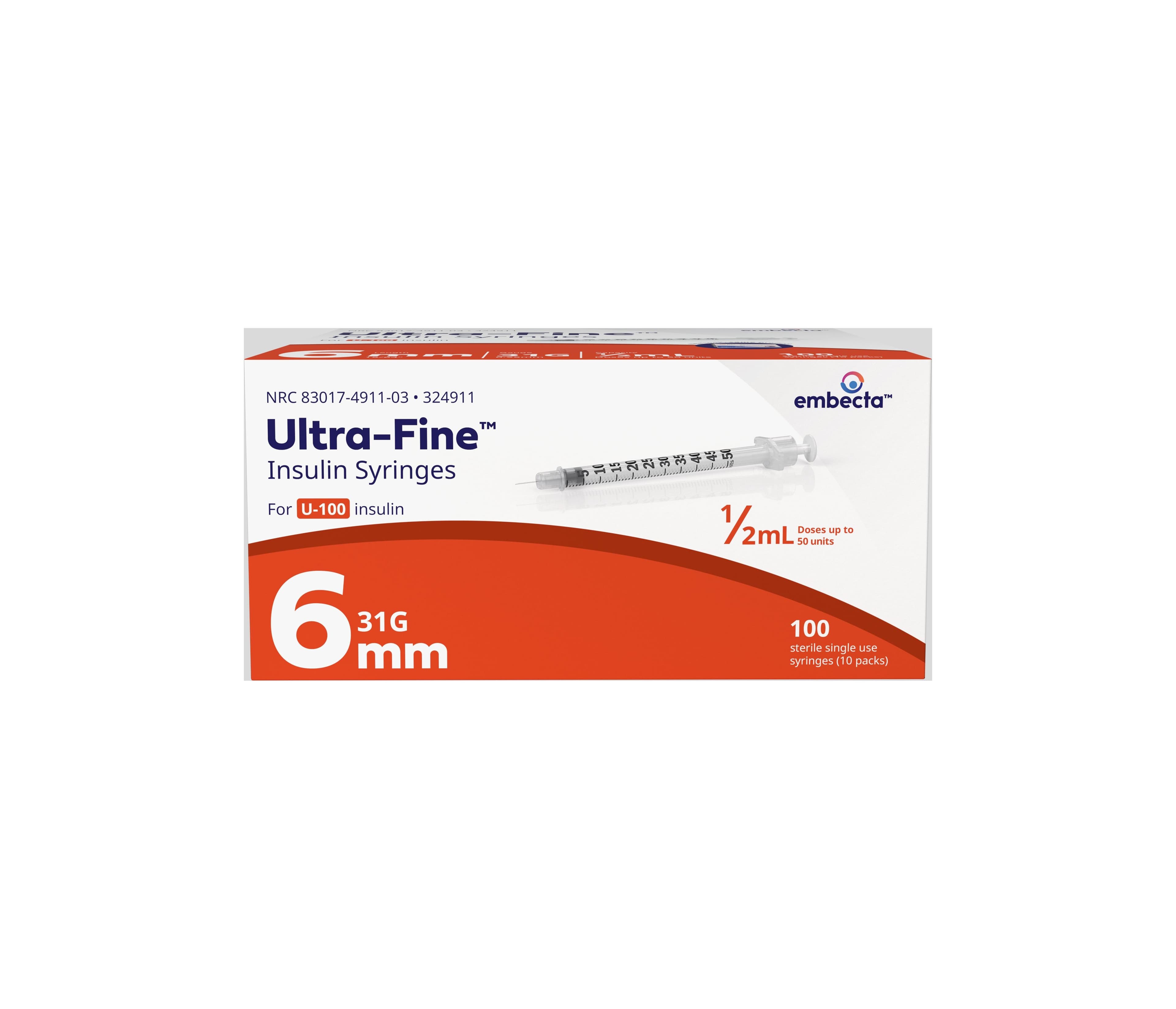 UltraFine Insulin Syringe/Needle, 31G x 6mm, 0.5cc, U100, Conventional, Disposable, 100/Box thumbnail 2