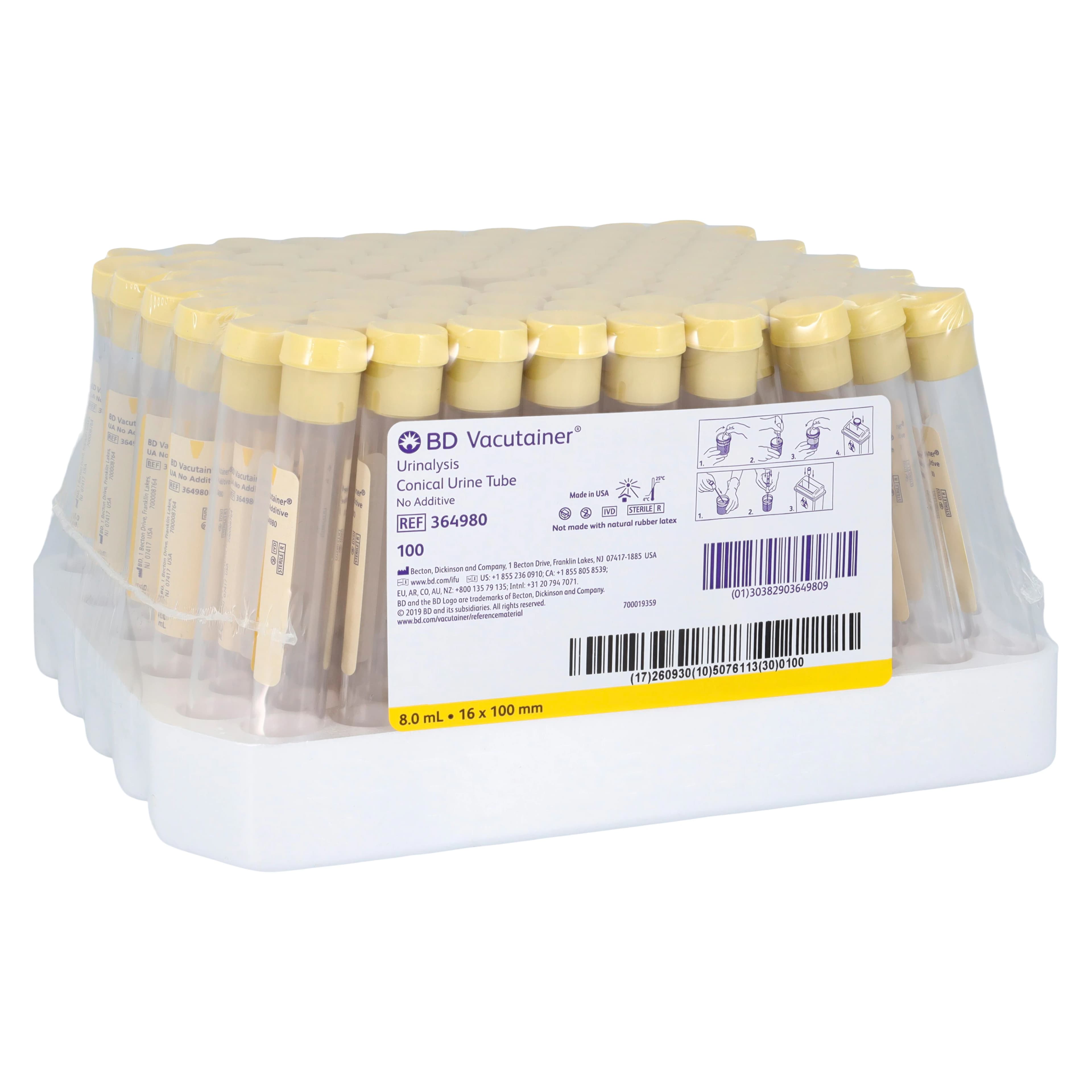 BD Vacutainer Urine Collection Tube, 8mL, Plastic, No Additives, Conventional Closure, 100/Box - Tube Collection Urine - Image 1