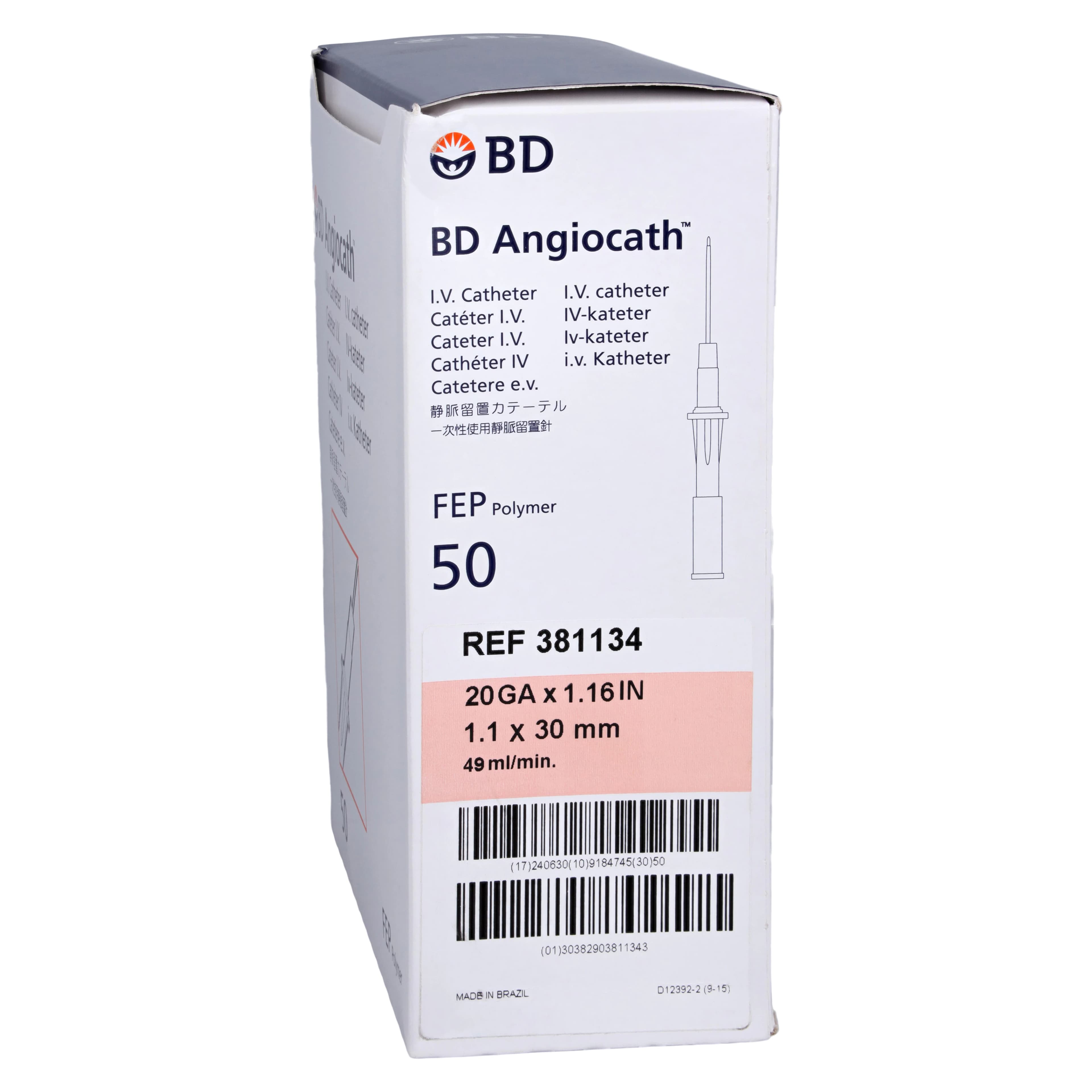 Angiocath Peripheral Venous Catheter, 20 Gauge, 1-3/20" Tapered Tip, Pink, Sterile, Latex-Free, Radiopaque, 50/Box - Angiocath 20gx1.16 - Image 1