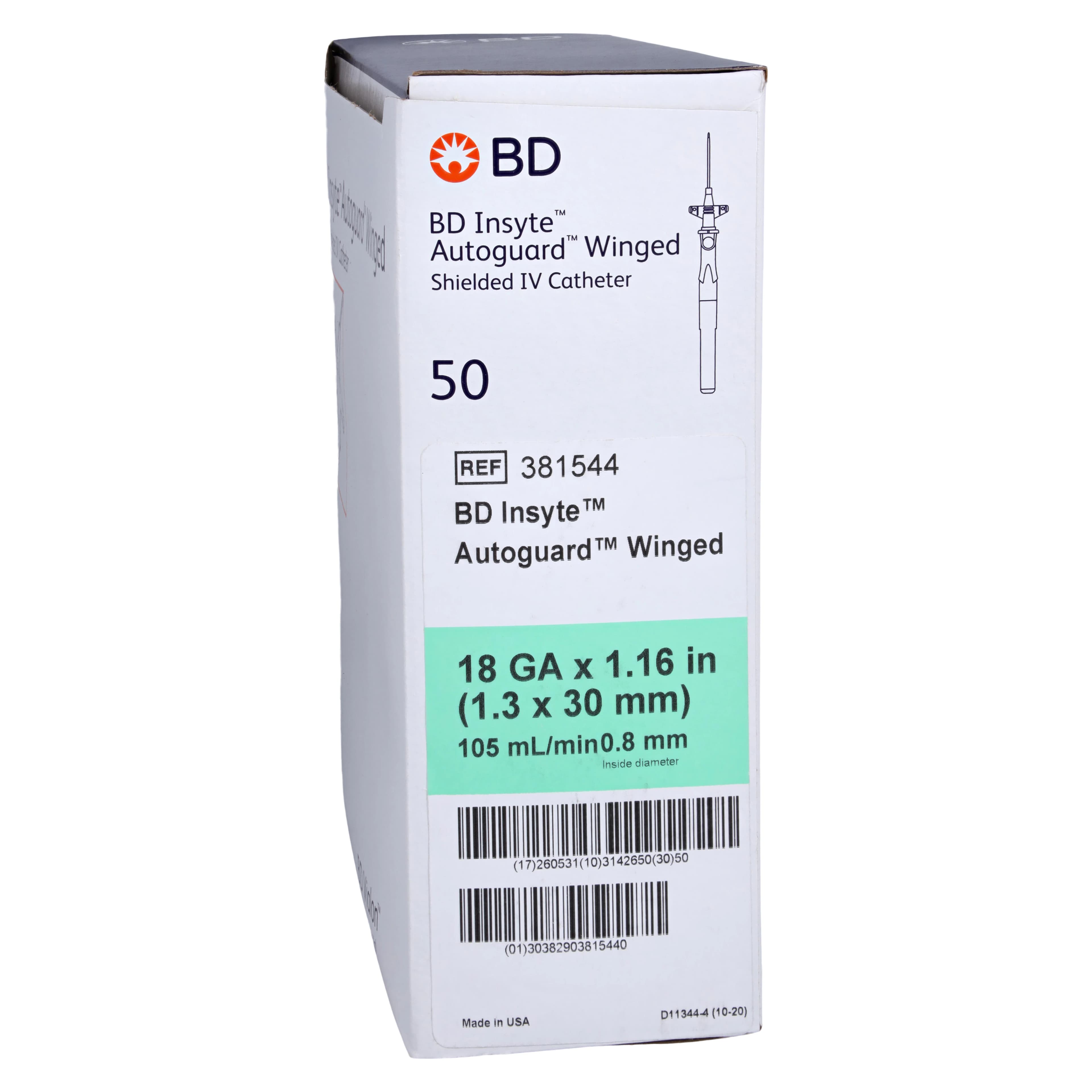 Becton-Dickinson Insyte Autoguard IV Catheter with Wings, 18 Gauge, 1.16" Needle, 1-3/20" Catheter, Green, Sterile, 50/Box - Insyte Autoguard W/Wing - Image 1