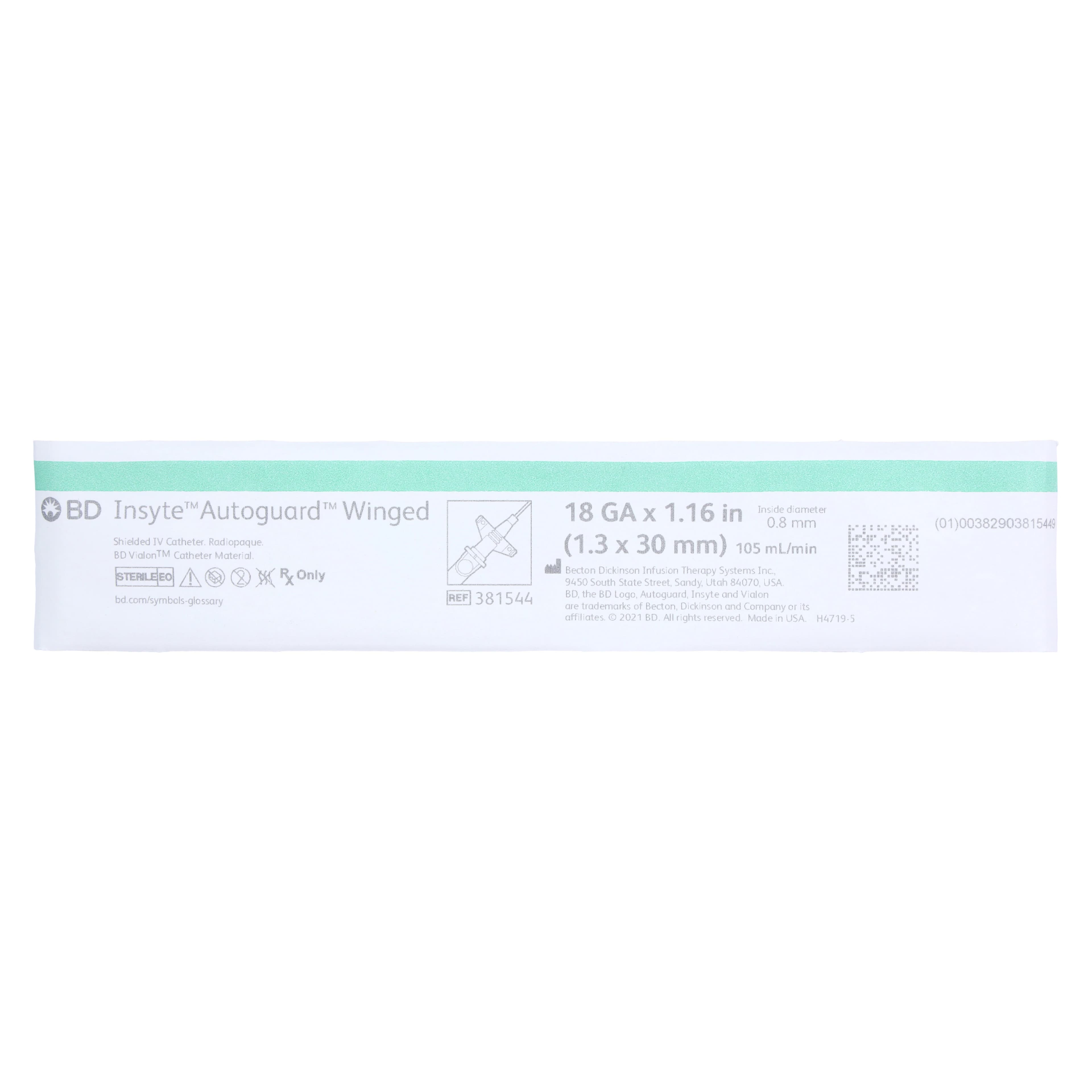 Becton-Dickinson Insyte Autoguard IV Catheter with Wings, 18 Gauge, 1.16" Needle, 1-3/20" Catheter, Green, Sterile, 50/Box thumbnail 2