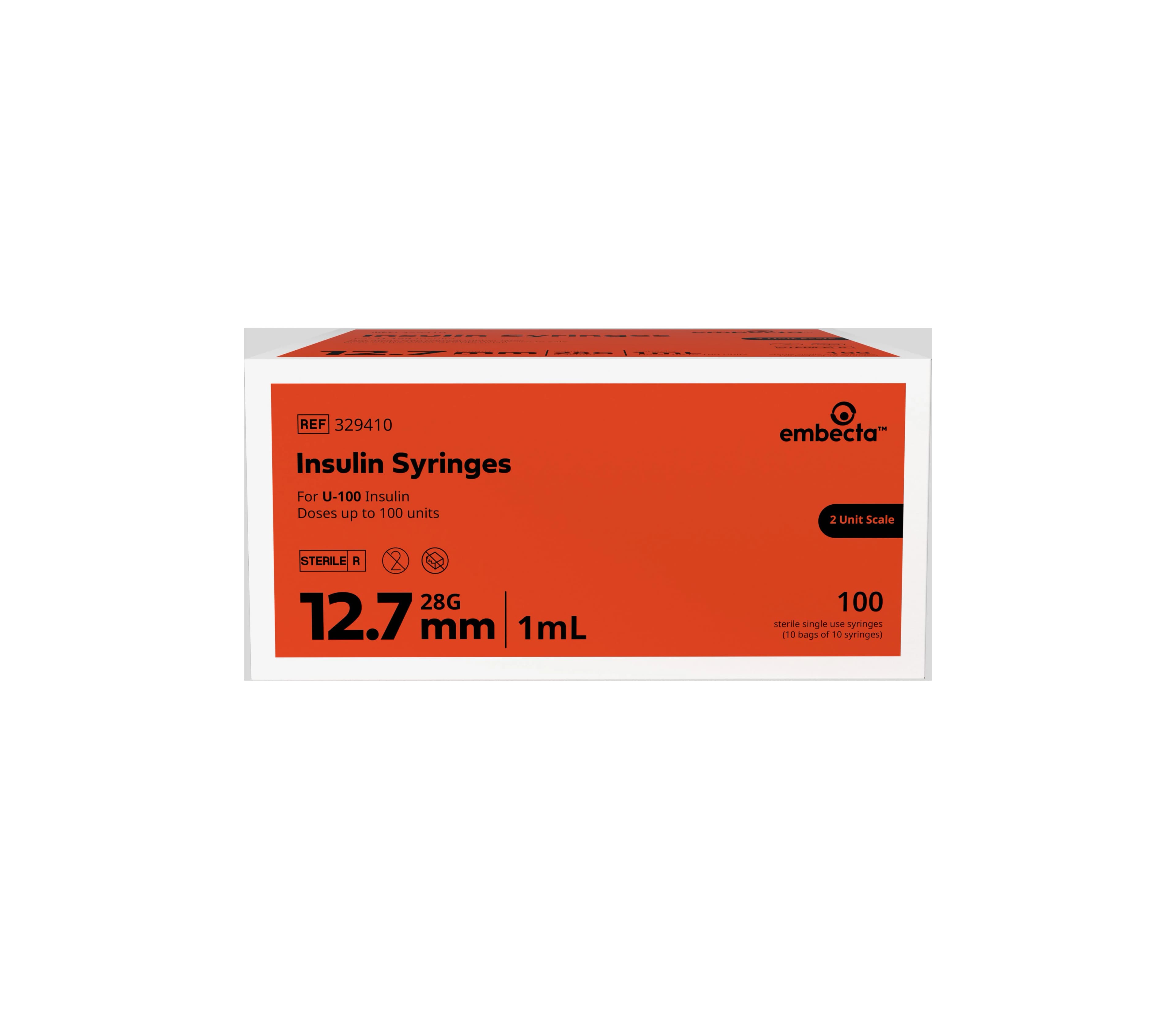 Embecta Micro-Fine IV Insulin Syringe, U-100, 1cc, 28G x 1/2", Orange, 100/Box thumbnail 2