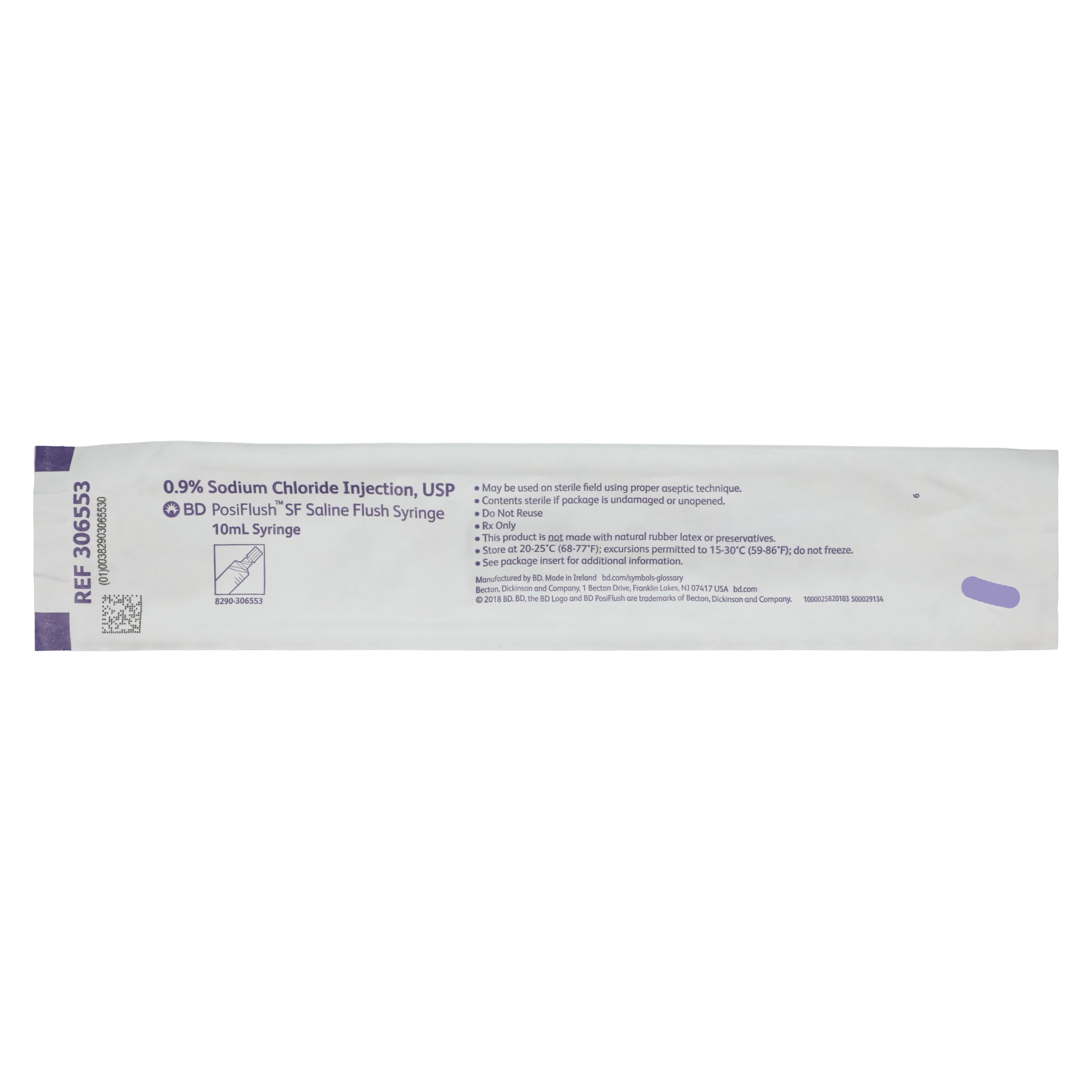 BD PosiFlush SF Saline Syringe, 0.9% Sodium Chloride, 10 mL, Sterile Field, Standard Plunger Rod, 30/Package thumbnail 3