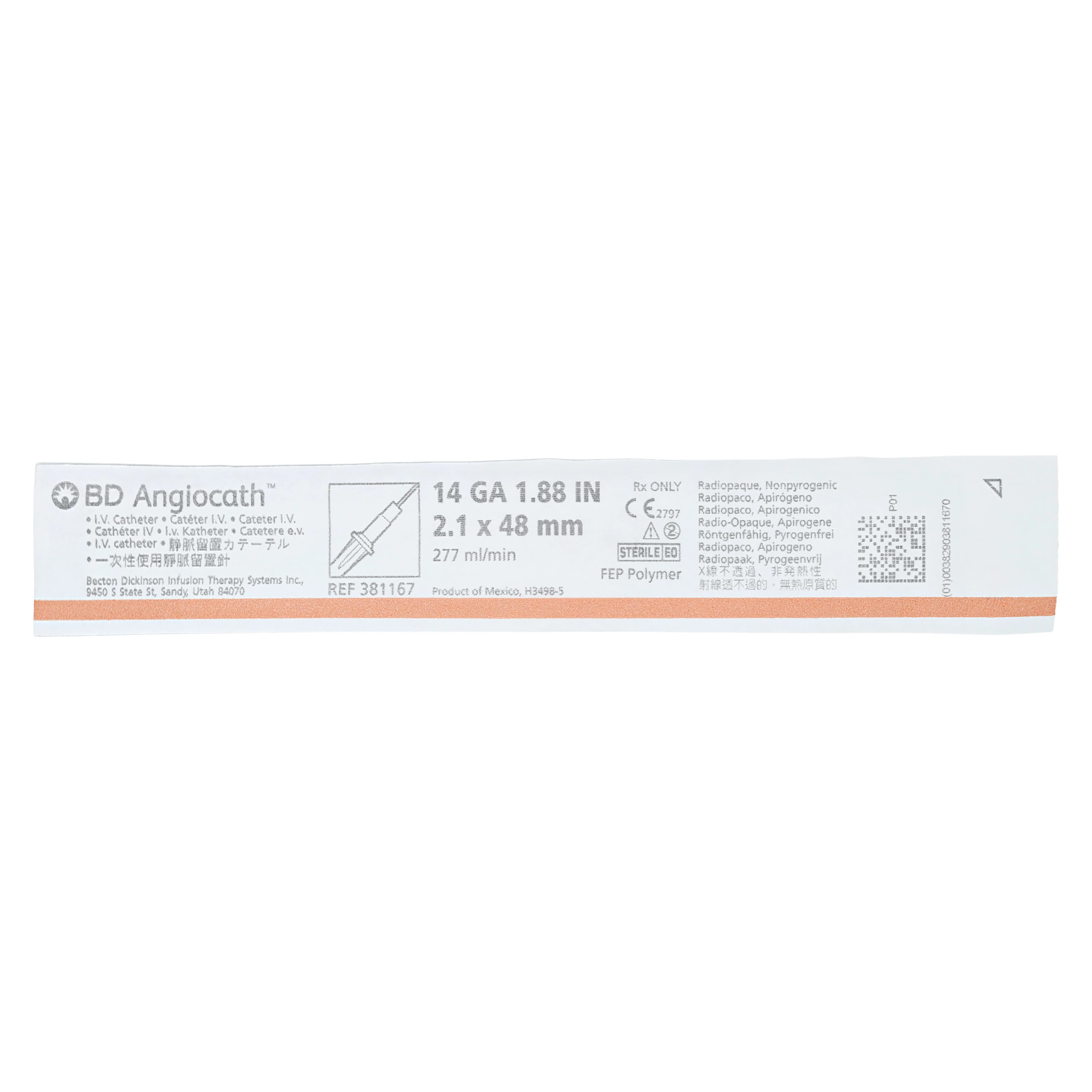 BD Angiocath Peripheral Venous Catheter, 14 Gauge, 1-9/10" (48 mm), Sterile, Radiopaque, Each - Angiocath - Image 1