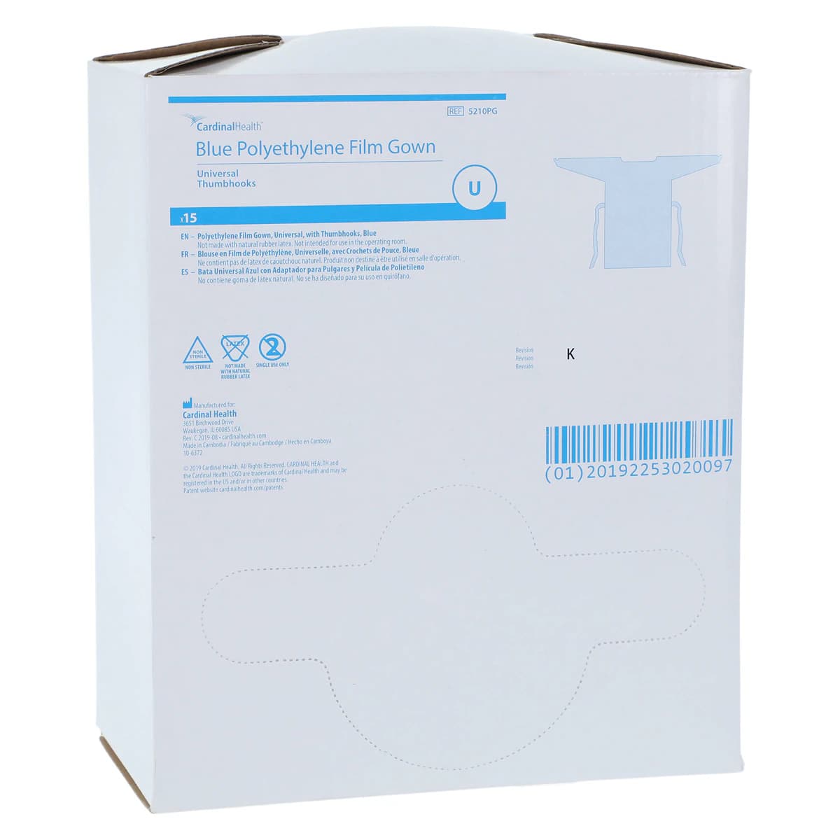 Cardinal Premium Disposable Isolation Gown, Polyethylene Film, Blue, Universal Adult Size, Below Knee, Open Back, 15/Box - Gown Prem Oth Plastic Film Blu - Image 1