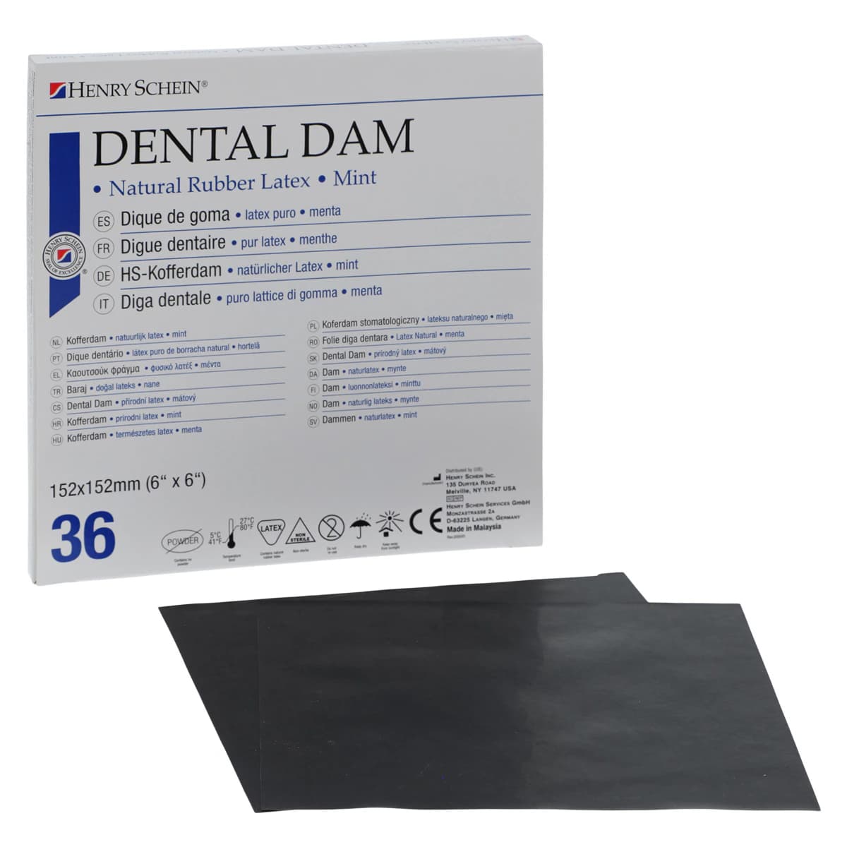 Henry Schein Latex Rubber Dental Dam, 6x6 in, Medium Gauge, Black, Mint Flavored, Powder-Free, 36/Box thumbnail 2