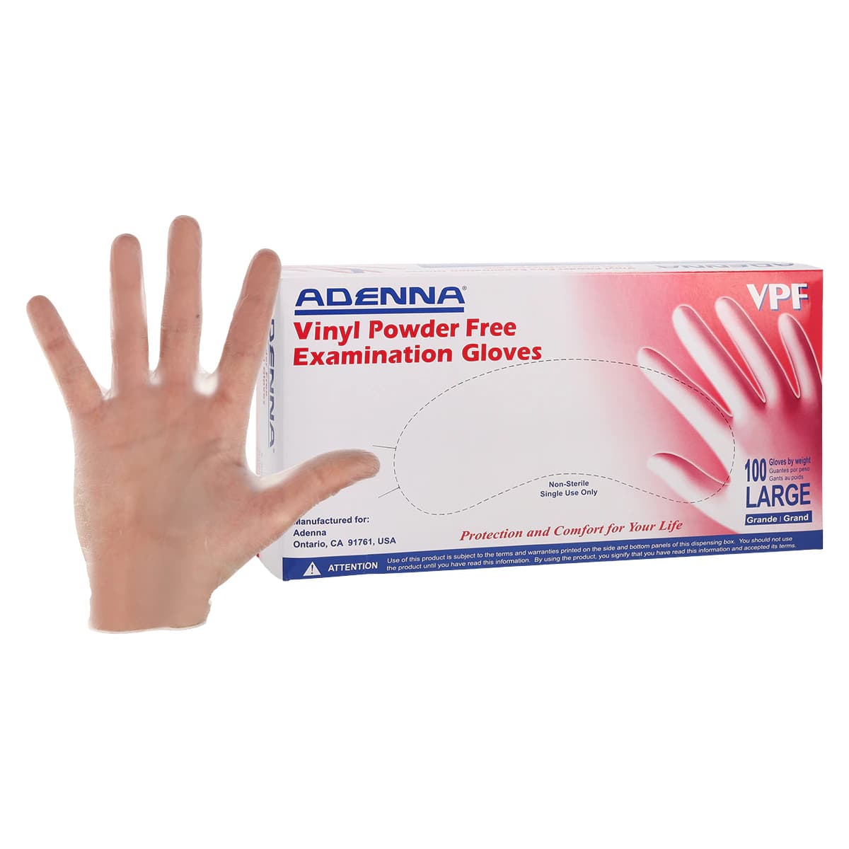 Adenna Vinyl PF Exam Gloves, Powder Free, Non-Sterile, Large, Clear, 100/Box, VPF236 thumbnail 2