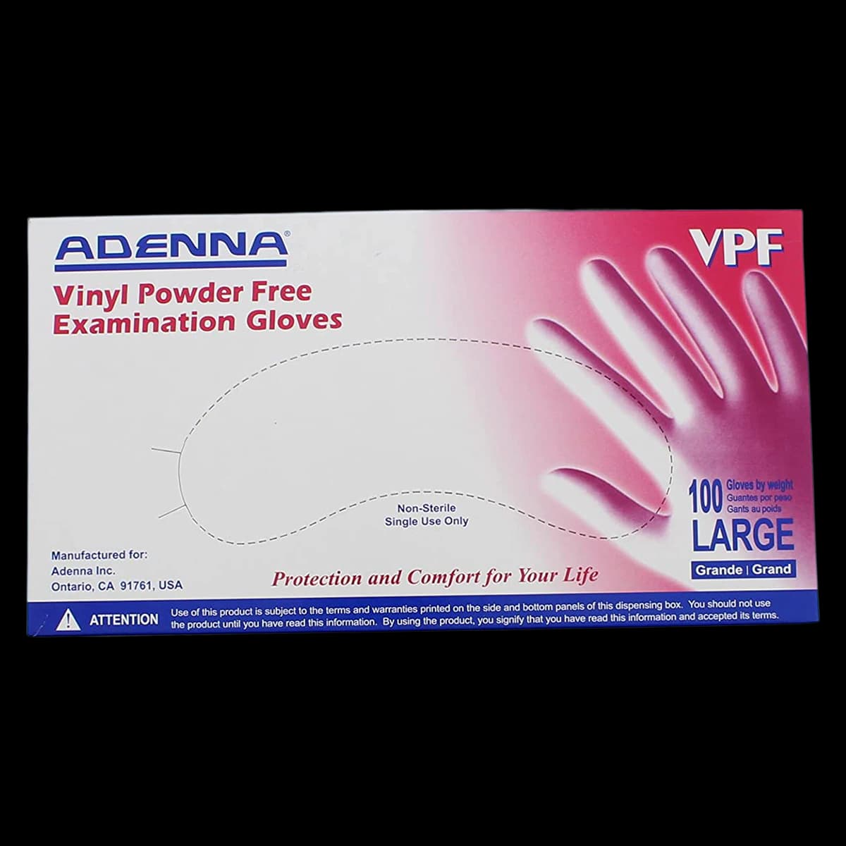 Adenna Vinyl PF Exam Gloves, Powder Free, Non-Sterile, Large, Clear, 100/Box, VPF236 - Glove Vinyl Pf NS Smooth - Image 1