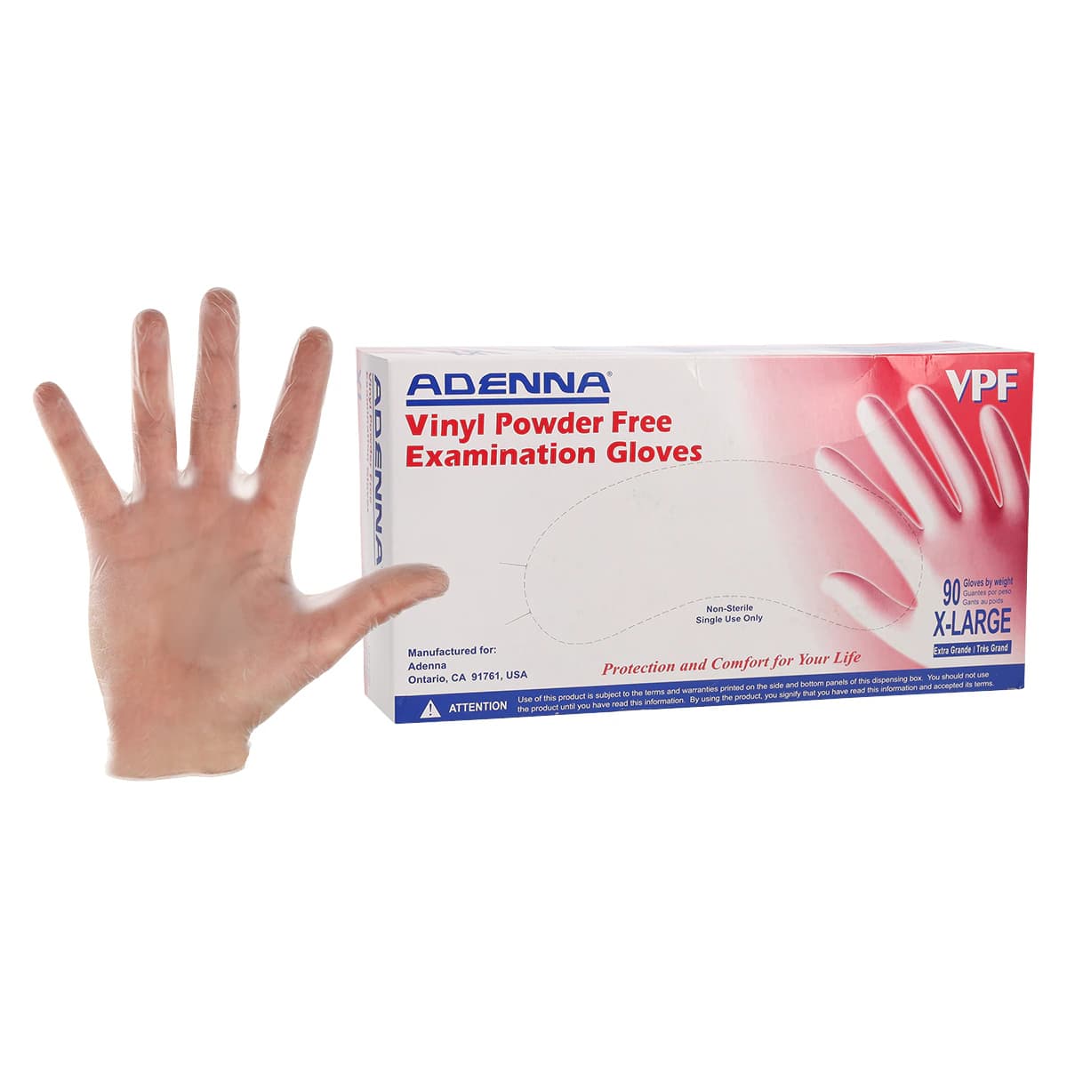 Adenna® VPF Vinyl Exam Gloves, Powder Free, Non-Sterile, XL, Translucent, 90/Box, VPF238 - Adenna® VPF Vinyl Exam Gloves XL Translucent Box of 90 - Image 1