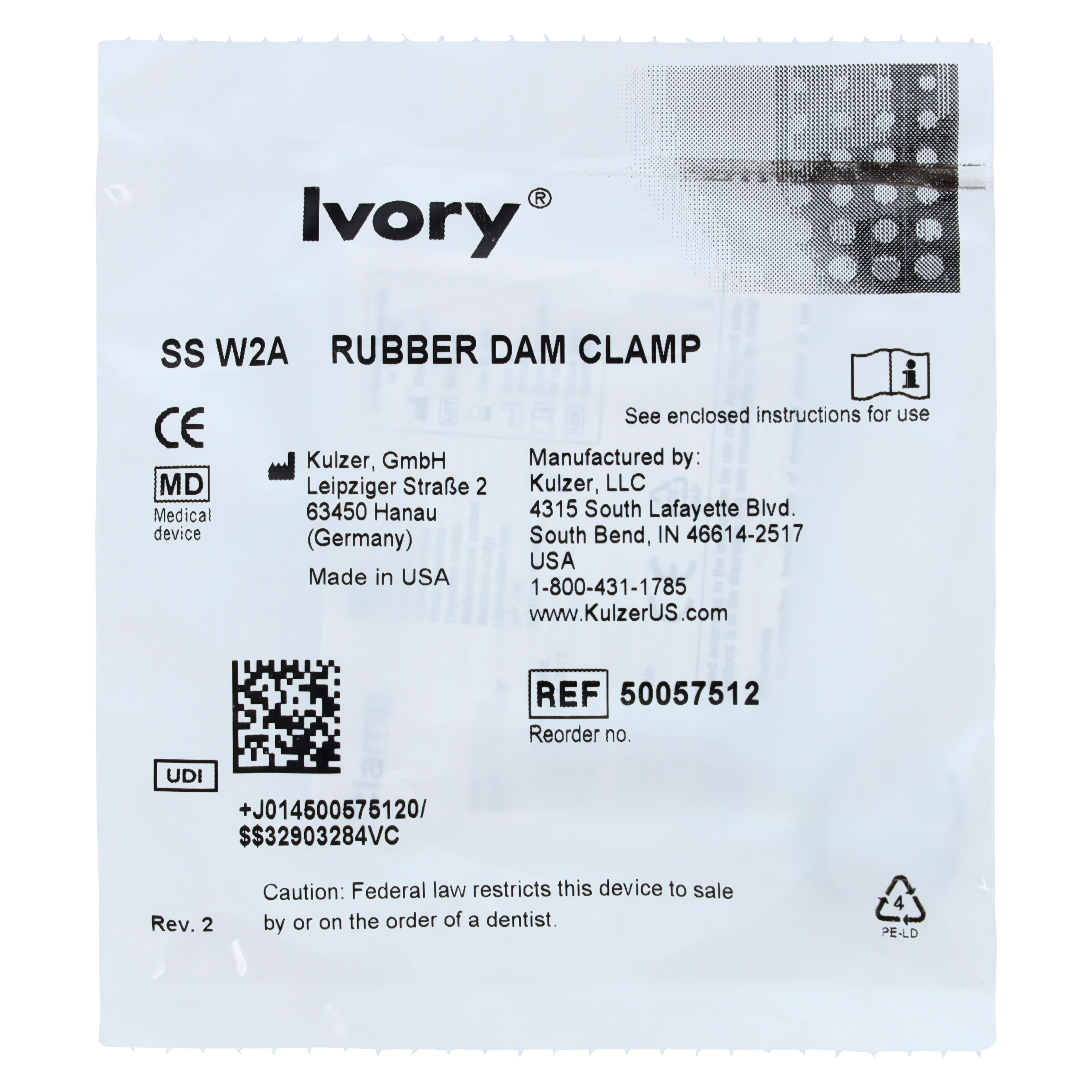Ivory Stainless Steel Rubber Dam Clamp, Wingless, #W2A, Bicuspid, 50057512 thumbnail 3
