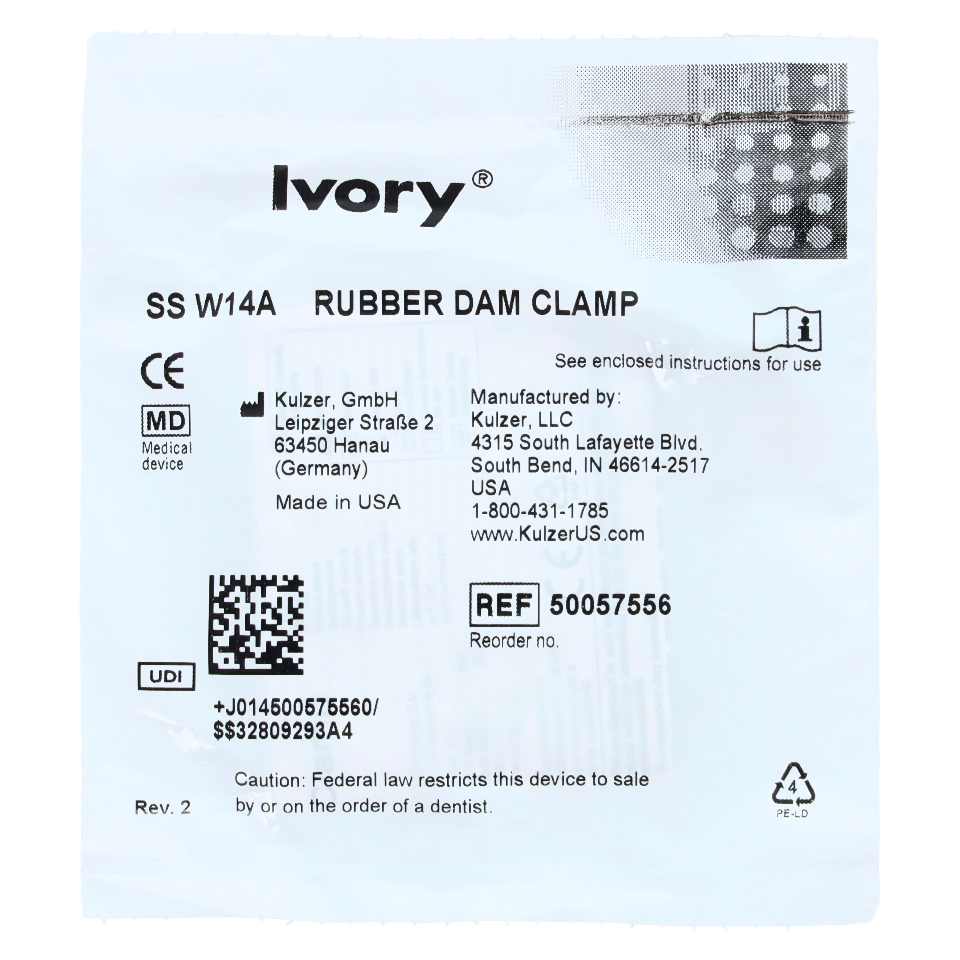 Ivory Rubber Dam Clamp #W14A, Stainless Steel, Wingless, Large Partially Erupted Molar, 1/Pk, 50057556 thumbnail 3