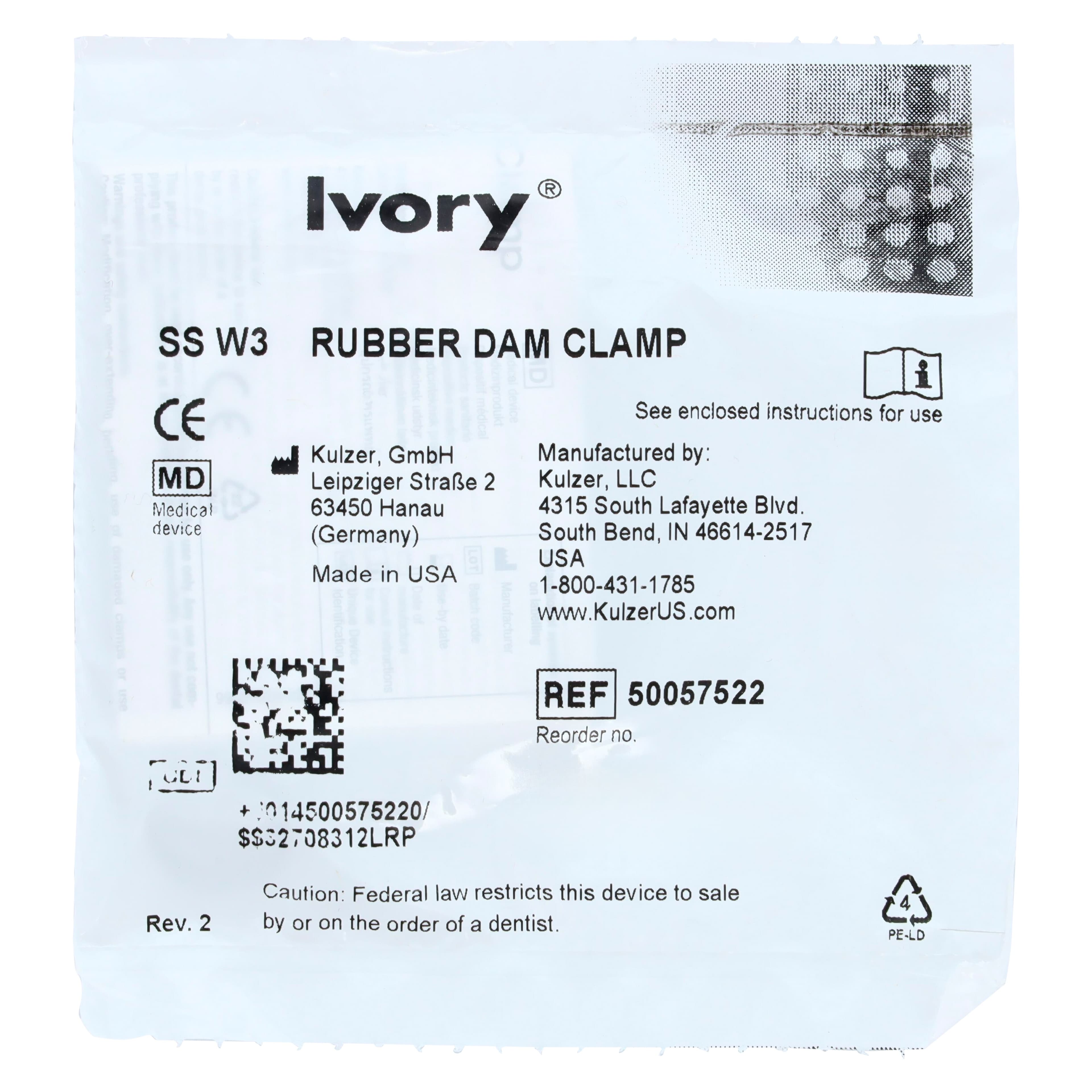 Ivory Stainless Steel Wingless Rubber Dam Clamp #W3, Small Lower Molars, 1 Each, 50057522 thumbnail 3