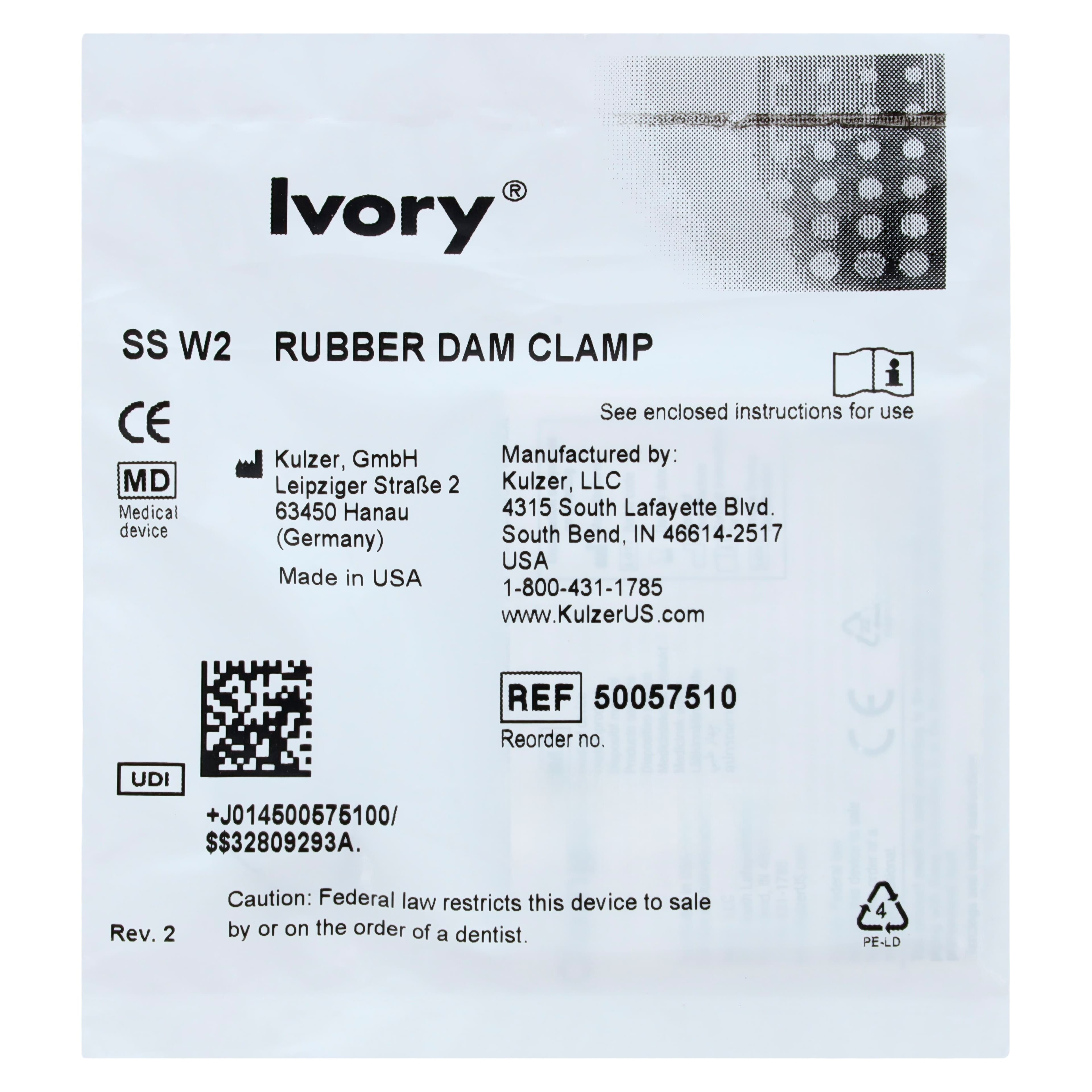 Ivory Rubber Dam Clamp #W2, Wingless, Bicuspid, Stainless Steel, 1 Each, 50057510 thumbnail 3
