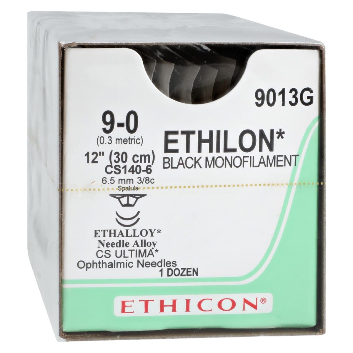 Ethicon Ethilon Nylon Monofilament Non-Absorbable Suture, Size 9-0, 12", Black, CS140-6 Ultima Reverse Cutting 3/8 Circle Needle, 1 dz/bx, 9013G thumbnail 2