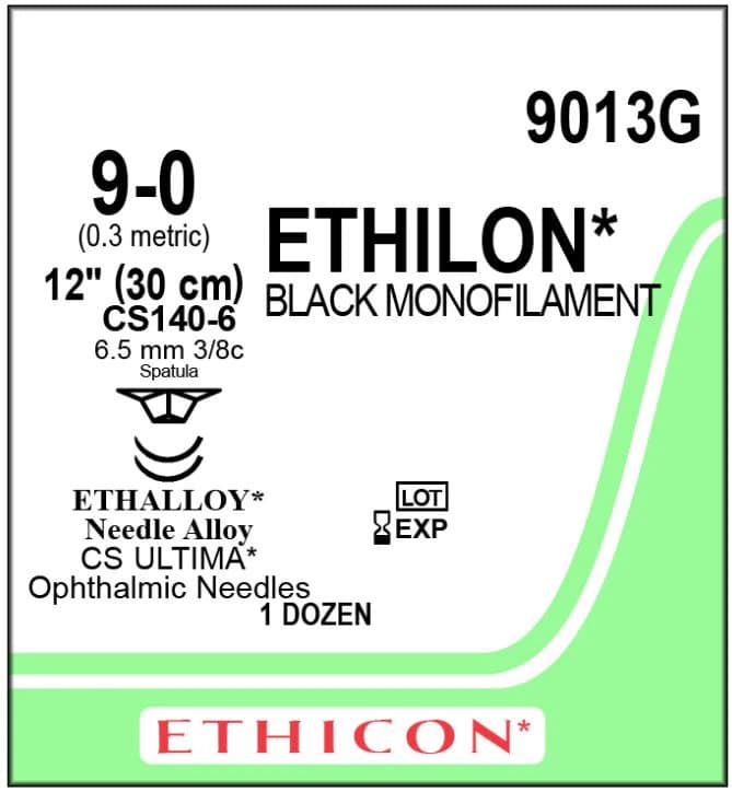 Ethicon Ethilon Nylon Monofilament Non-Absorbable Suture, Size 9-0, 12", Black, CS140-6 Ultima Reverse Cutting 3/8 Circle Needle, 1 dz/bx, 9013G - ETHICON ETHILON NYLON SUTURES, 9013G - Image 1
