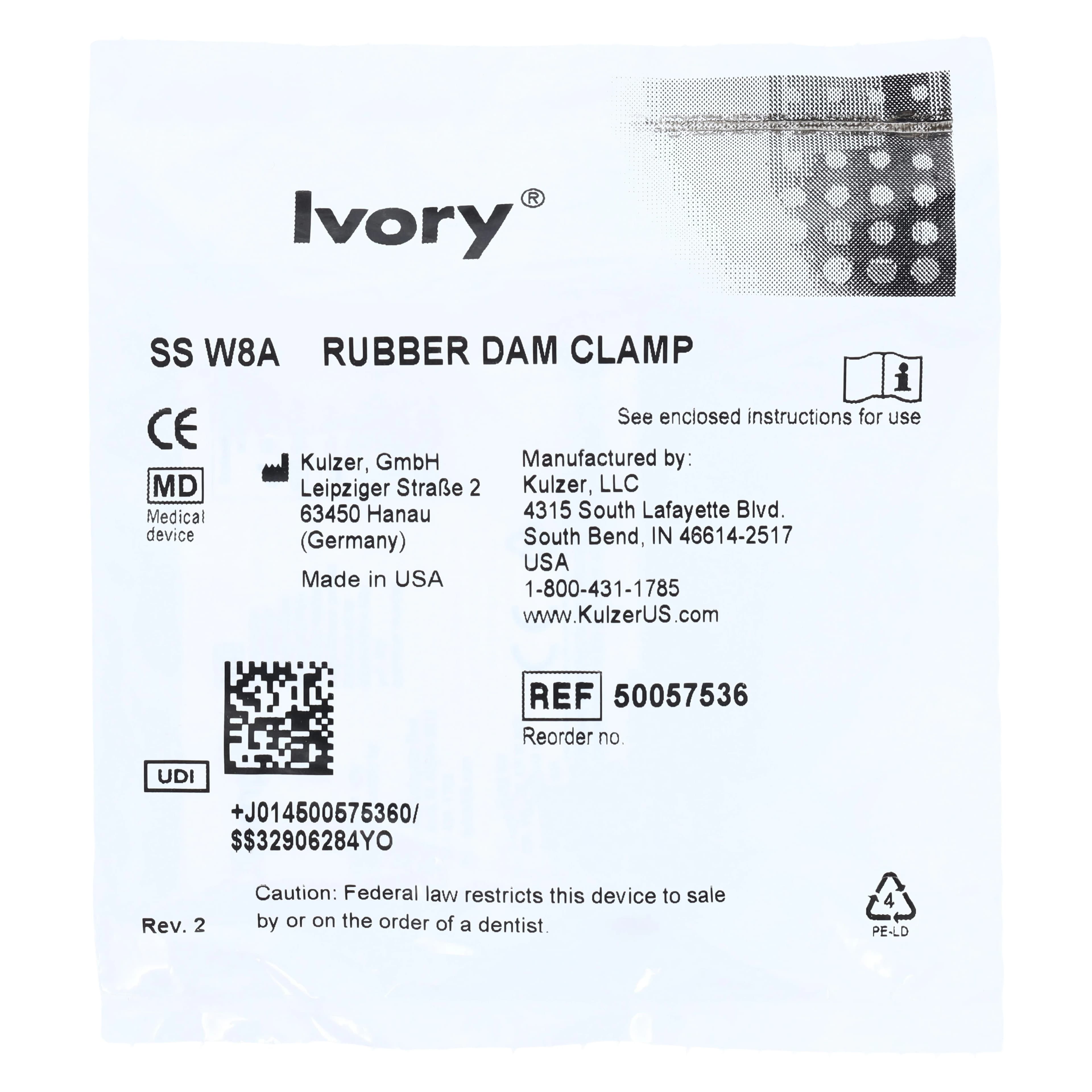 Ivory Rubber Dam Clamp, Wingless, #W8A, Stainless Steel, for Molars, 1 Each, 50057536 thumbnail 3