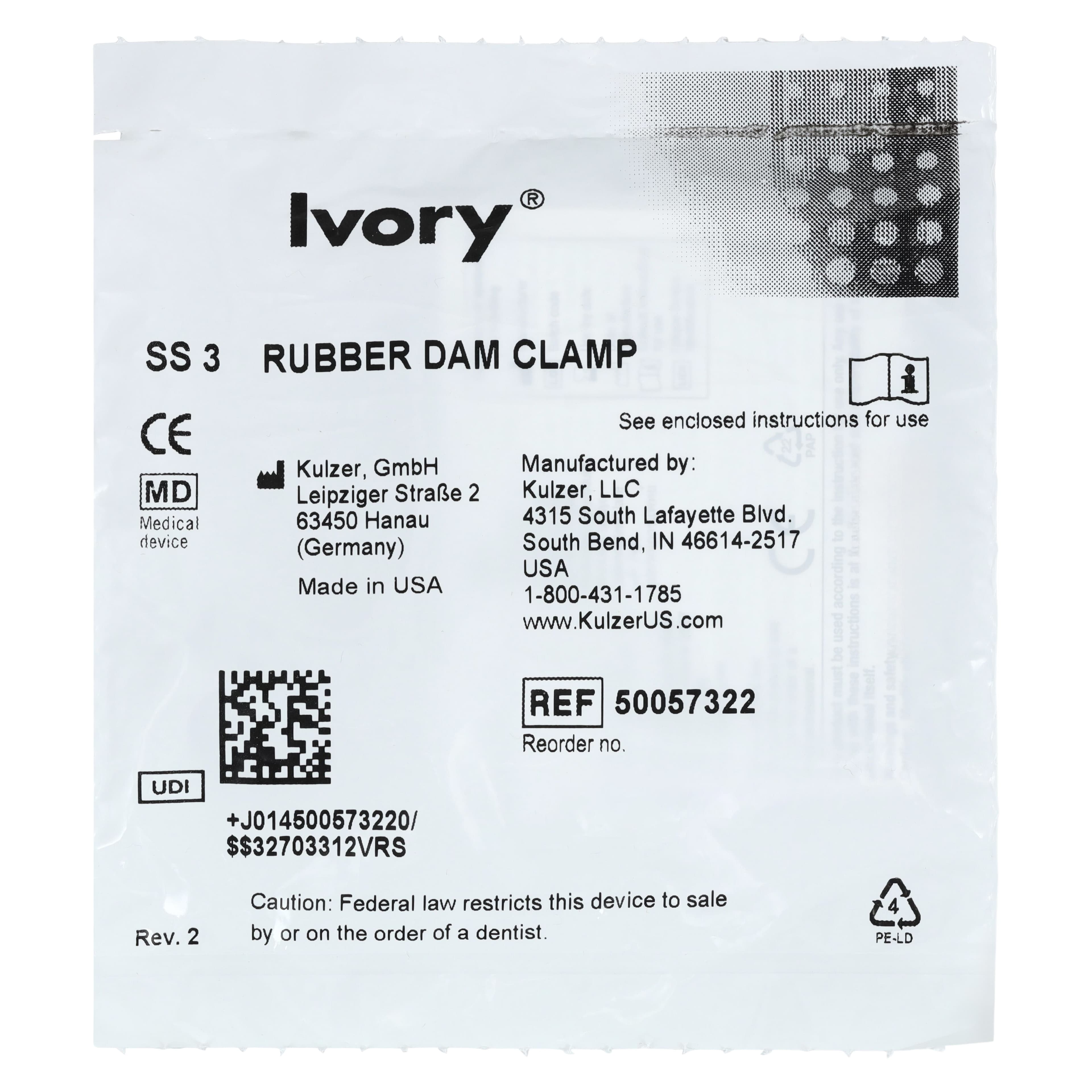 Ivory Rubber Dam Clamp #3, Winged, Stainless Steel, Small Lower Molar, 1/Each, 50057322 thumbnail 3