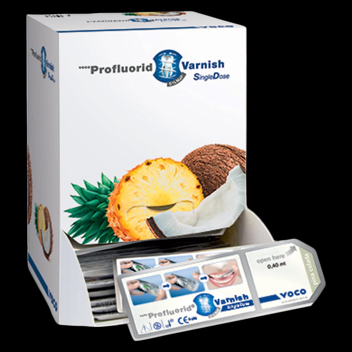 Profluorid Varnish 5% Sodium Fluoride, SingleDose, Pina Colada, 0.4 mL, 200/Bx, with Easy Brush Applicators - Profluorid Varnish .4ml Adult SingleDose Pina Colada Pack of 200 - Image 1