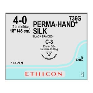 Ethicon PERMA-HAND® Silk Suture, 4-0, Black, Braided, 18" (45 cm), C-3 Reverse Cutting Needle, 3/8 Circle, Box of 12 thumbnail 2