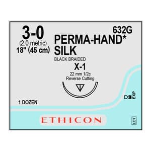 Perma-Hand Silk Suture, 3-0, 18" Black Braided, X-1 Reverse Cutting Needle, 12/Box thumbnail 2