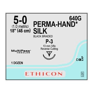Perma-Hand Silk Suture, 5-0, Black, Braided, 18" with P-3 Reverse Cutting Needle, 12/Box thumbnail 2