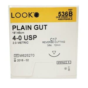 LOOK Sharpoint Sutures 4-0 Plain Gut Monofilament with C-17 3/8 Circle Needle, Beige, 18 Inch, Box of 12 - SUTURE 4-0 PLAIN GUT W/C-3 NEEDLE BX/12 - Image 1