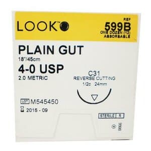 LOOK™ Sharpoint™ 4-0 Plain Gut Monofilament Suture, 18" (45 cm), C-31 1/2 Circle Needle, Beige, 12/Bx - SUTURE 4-0 PLAINGUT 18" C31 45CM 12/BX - Image 1