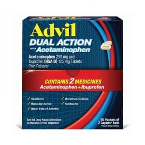 Advil Dual Action Caplets, 250mg Acetaminophen/125mg Ibuprofen, 2 Caplets per Pack, 50 Packs per Box - Advil Dual Action Caplets 250mg Acetaminophen/125mg Ibuprofen, 2 caps/pk, 50pks/box - Image 1