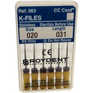 Roydent K-Type Files, Size #20, 31mm, Stainless Steel, Color-Coded Yellow, 6/Pack, 06331020R thumbnail 6