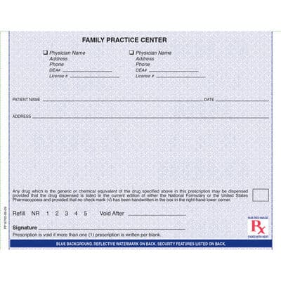 Patterson Tamper-Resistant Prescription Blanks, 1 Part, Personalized, 5-1/2 x 4-1/4, 100 Sheets/Pad, 5 Pads/Pkg, 01KF7R3W635MX9AH10WVC9BBF2 - Tamper-Resistant Prescription Blanks, 1 Part, Personalized, 5-1/2 x 4-1/4, 100 Sheets/Pad; 5 Pads/Pkg. - 1 Part, Personalized, 5-1/2 x 4-1/4, 100 Sheets/Pad; 5 Pads/Pkg - Image 1