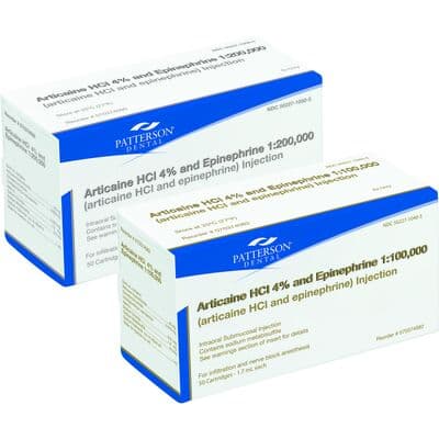 Patterson Articaine HCl 4% and Epinephrine 1:100,000 Injection, 1.7 ml Cartridges, 50/Pkg, NDC 50227-1040-05 - Patterson Articaine HCl 4% and Epinephrine – 1.7 ml Injection, 50/Pkg - 1:100,000 - Image 1