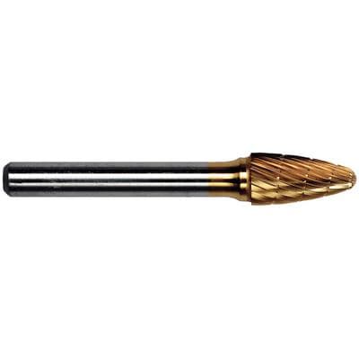Patterson® Gold Titanium Nitride Lab Bur – Lathe, Tapered Fissure, #A, 9.525 mm Diameter, 19.050 mm Length, 1/Pkg - Patterson® Gold Titanium Nitride Lab Burs – Lathe, 1/Pkg - Tapered Fissure, # A, 9.525 mm Diameter, 19.050 mm Length - Image 1
