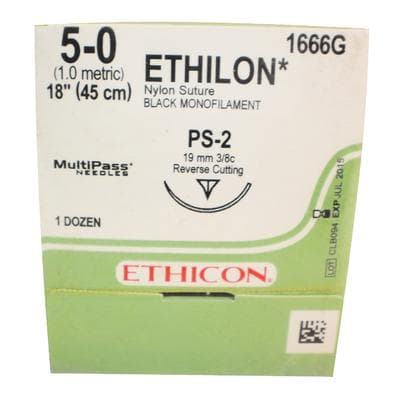 Ethicon Ethilon Nylon Suture, 5-0, 18" Black Monofilament, PS-2 Precision Point Reverse Cutting Needle, 3/8 Circle, 12/Bx, 1666G thumbnail 6