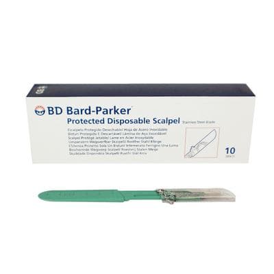 Bard-Parker Disposable Sterile Safety Scalpel, Size 15, Retractable Blade, Green Handle, 10/Pkg - Disposable Sterile Scalpels – Protected - 15 - Image 1