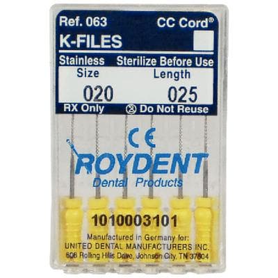 Roydent K-Type Files #20 (Yellow), 25mm, Stainless Steel, Pack of 6, 06325020R thumbnail 13