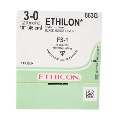 Ethicon Ethilon Nylon Non-Absorbable Suture, 3-0, 18", Black Monofilament, FS-1 Reverse Cutting Needle, 3/8 Circle, 12/Box, 663G thumbnail 7