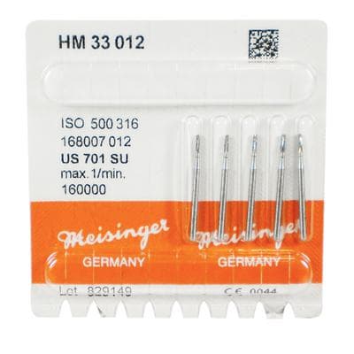 Meisinger HM33 Tungsten Carbide Bur, #701 X-Cut Tapered Fissure, Flat End, Friction Grip Extra Long (Surgical), 1.2mm Diameter, 5/Pack, HM33-012-SU thumbnail 5
