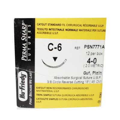 Hu-Friedy Perma Sharp Plain Gut Absorbable Suture, 4-0, 18", C-6 Reverse Cutting Needle, 3/8 Circle, 12/Box, PSN7771A thumbnail 17