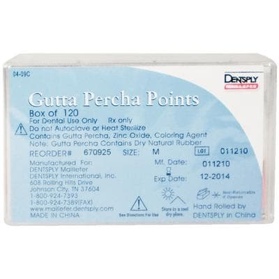 Dentsply Maillefer Gutta Percha Points, Hand Rolled, Color Coded, Medium, 20 Points/Vial, 6 Vials/Box, 670925 thumbnail 2